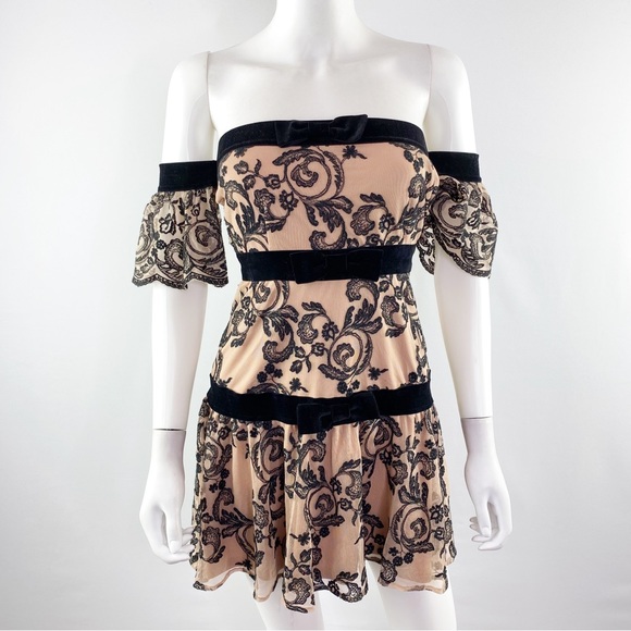 For Love & Lemons Size S Pink & Black Floral Off the Shoulder CLEMENCE Dress - Picture 3 of 11